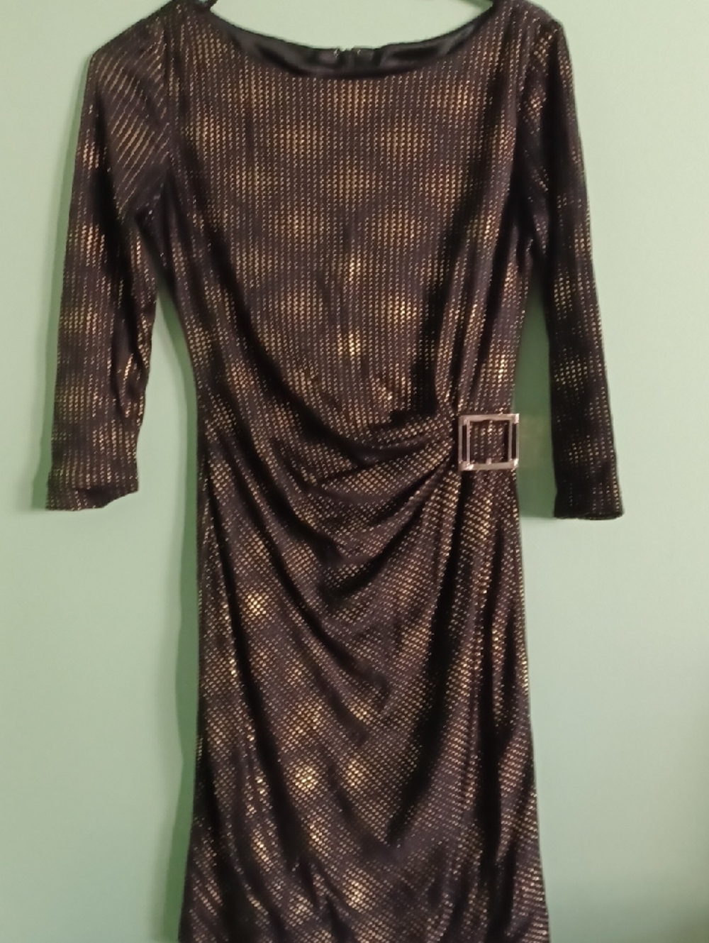 Tahari Black Dress with Gold Metallic Dot Detail and Side Buckle